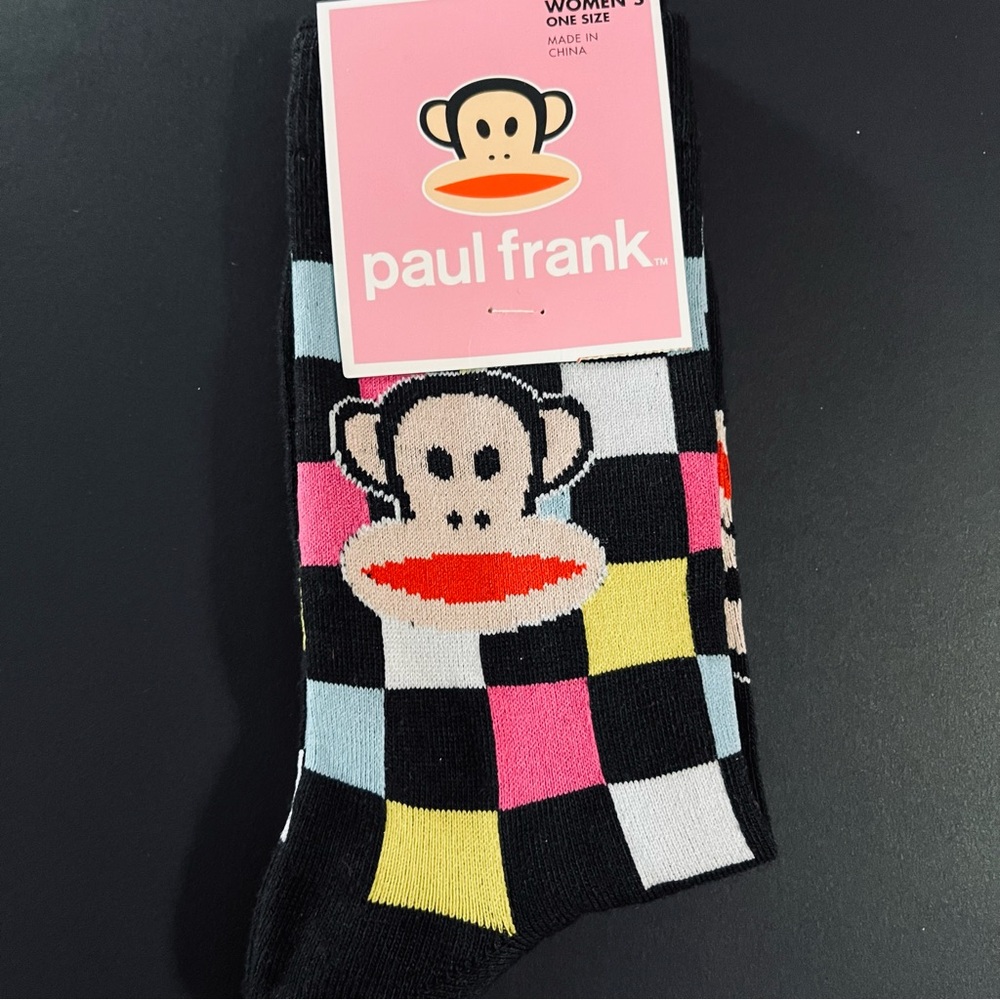 Paul Frank Women's One Size Stretch Checkered Socks Black Pink Yellow Blue NWT